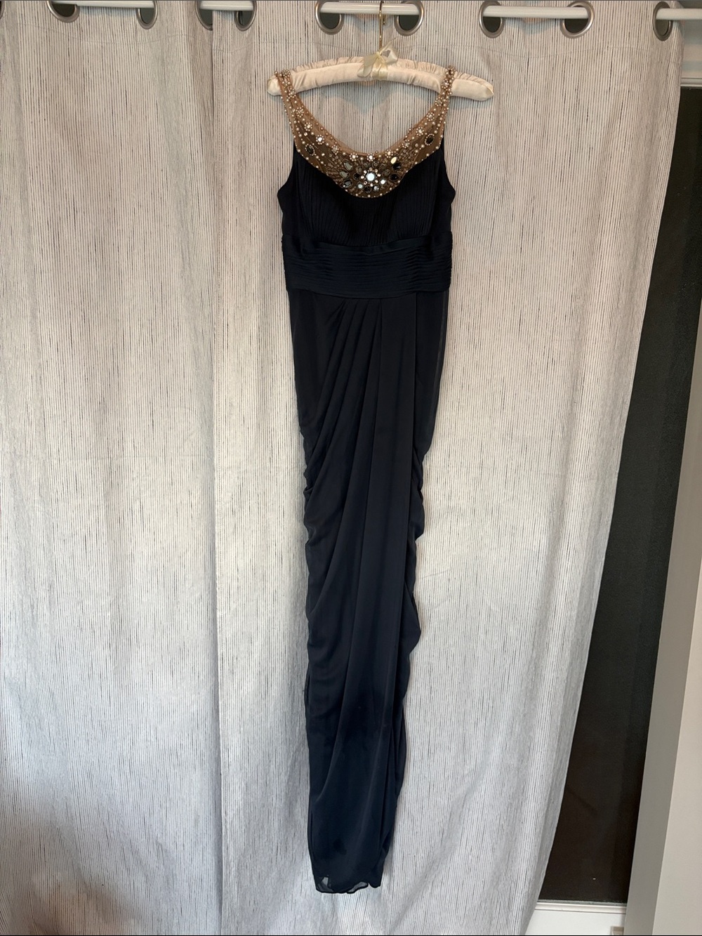 Adrianna Papell dark gray Maxi Dress with Gold Beaded Neckline
